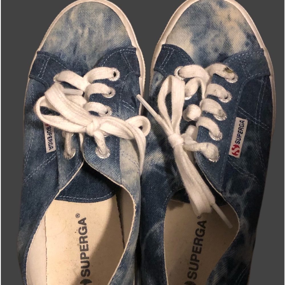 Blue/white Tie Dyed Supertega Shoes.  Size 7